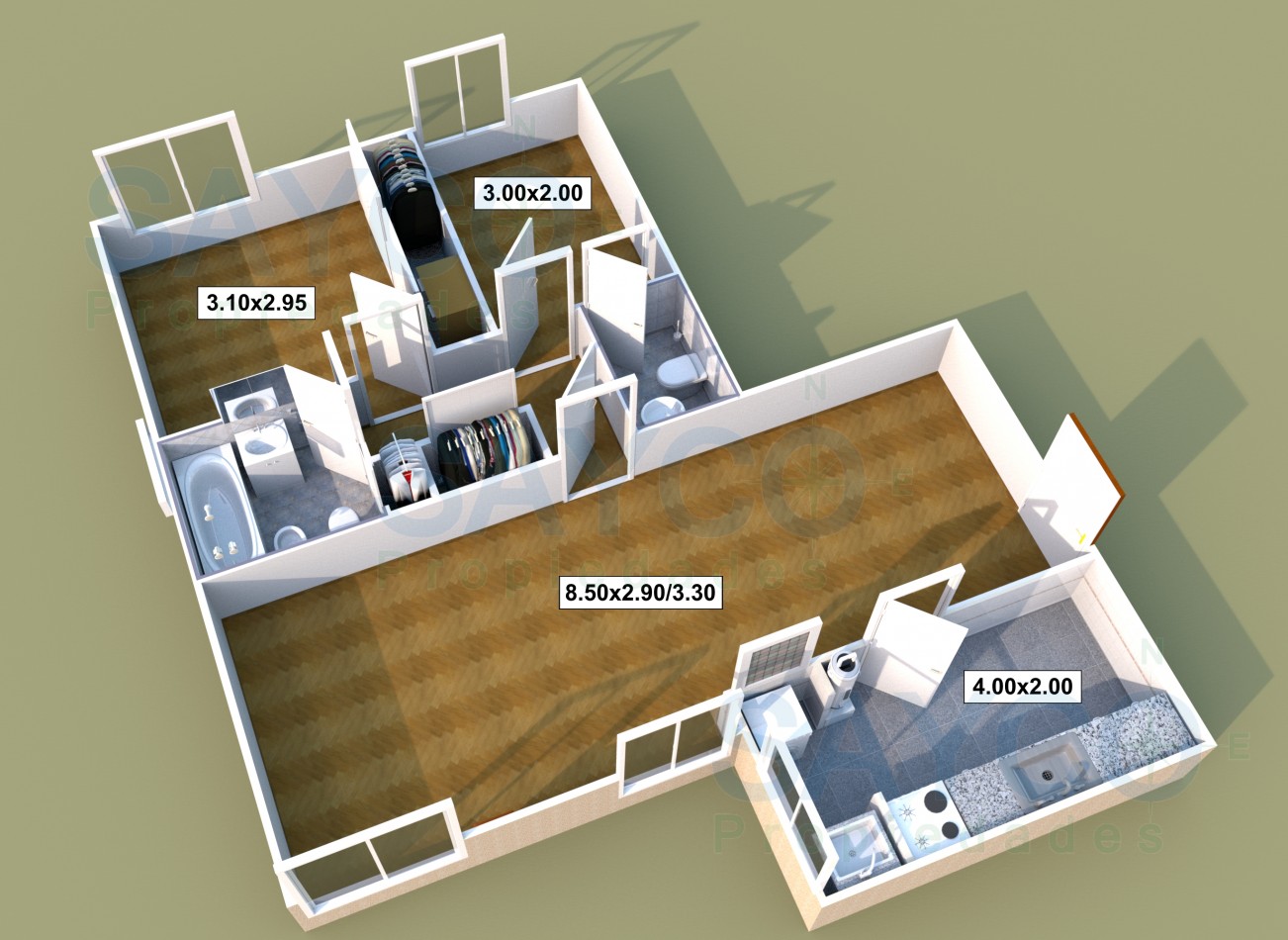 Depto de 3 Amb 62m2 c/ 2 baños, y gran patio en comun.