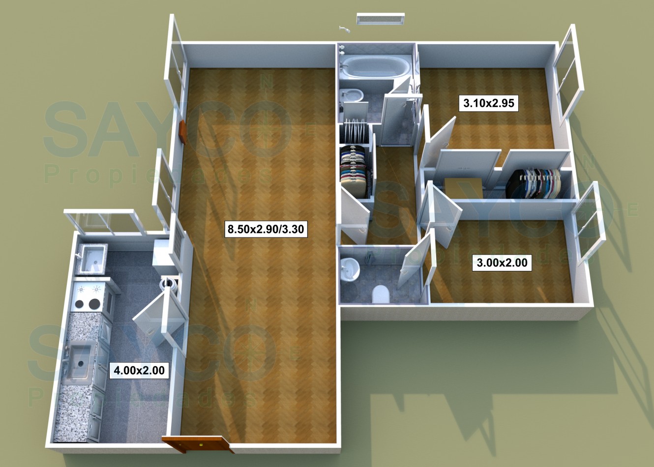 Depto de 3 Amb 62m2 c/ 2 baños, y gran patio en comun.