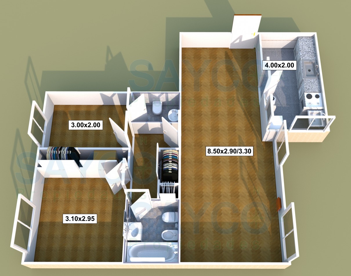 Depto de 3 Amb 62m2 c/ 2 baños, y gran patio en comun.