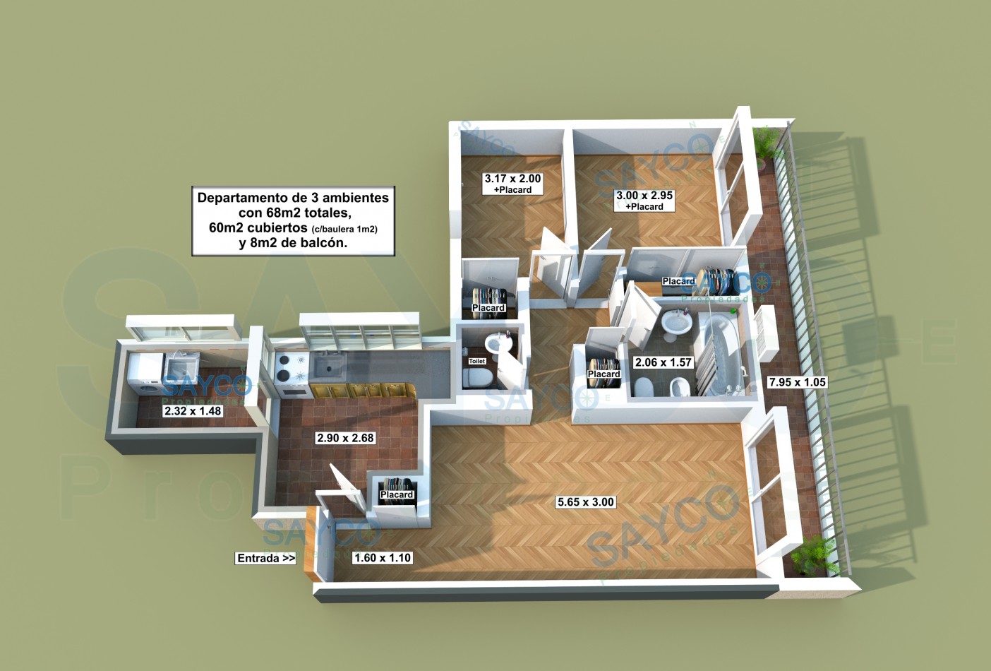 Venta 3 amb c/ lavadero, baño, toilette, balcon y baulera.