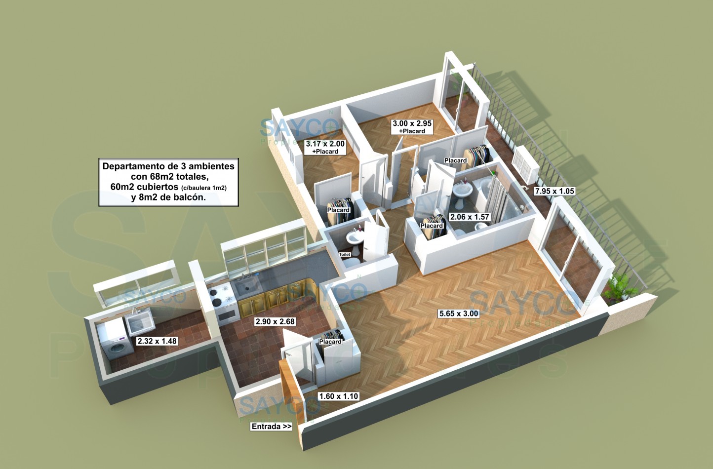 Venta 3 amb c/ lavadero, baño, toilette, balcon y baulera.