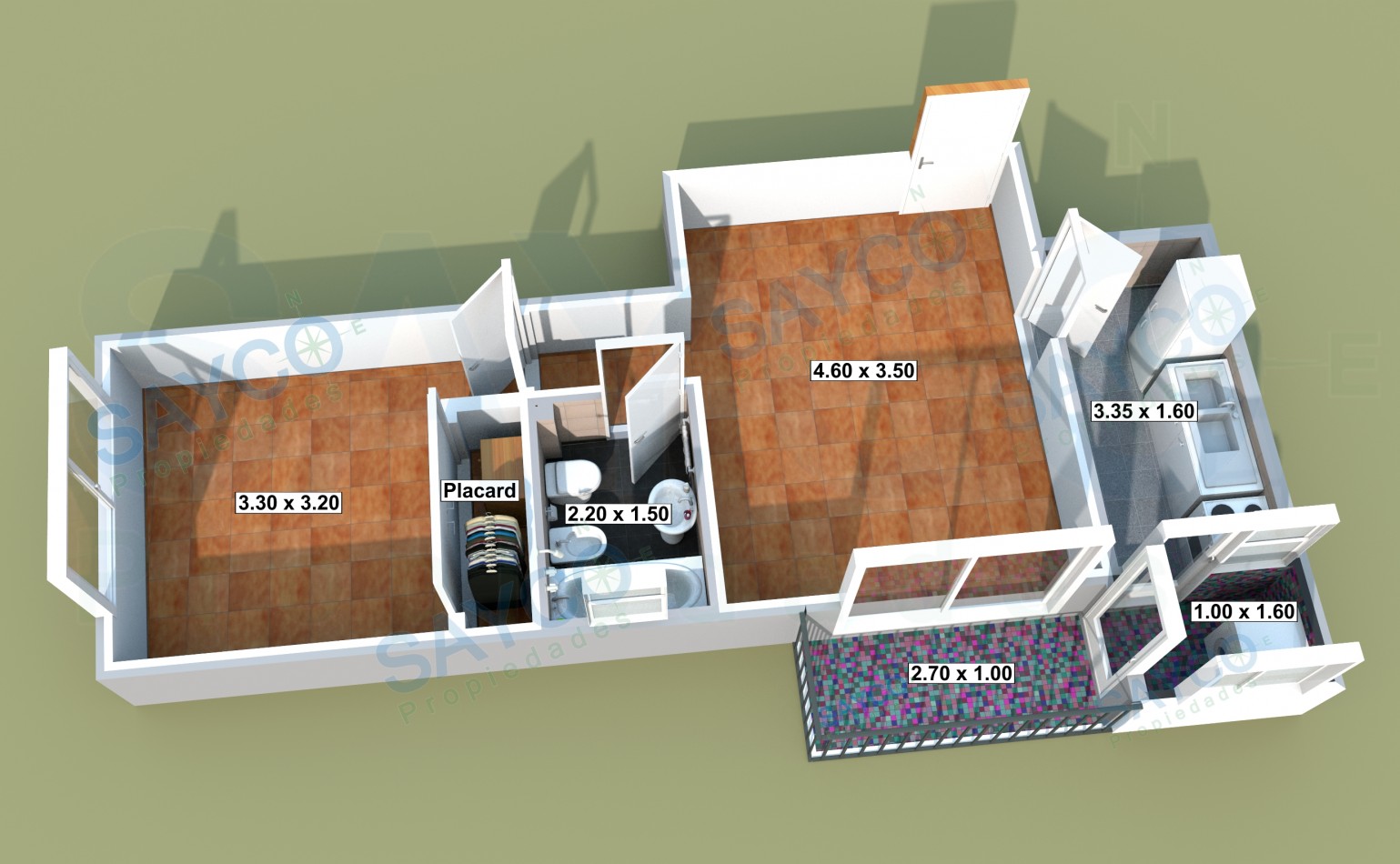 Depto 2 Amb con Balcon Sup: 45m² m Subte.