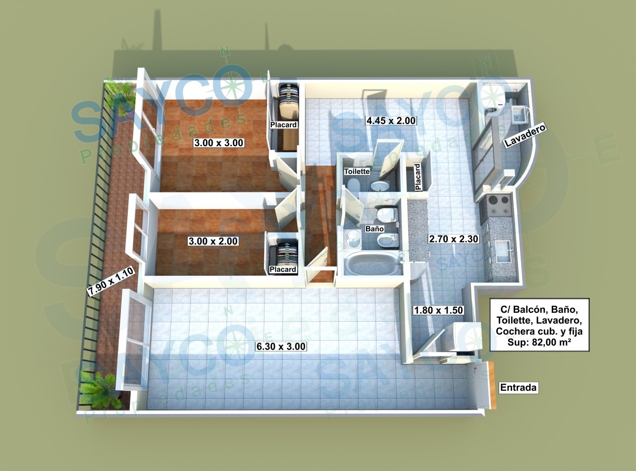 3 Ambientes + Cochera + Balcon + 2 Baños + Sup: 82,00 m²